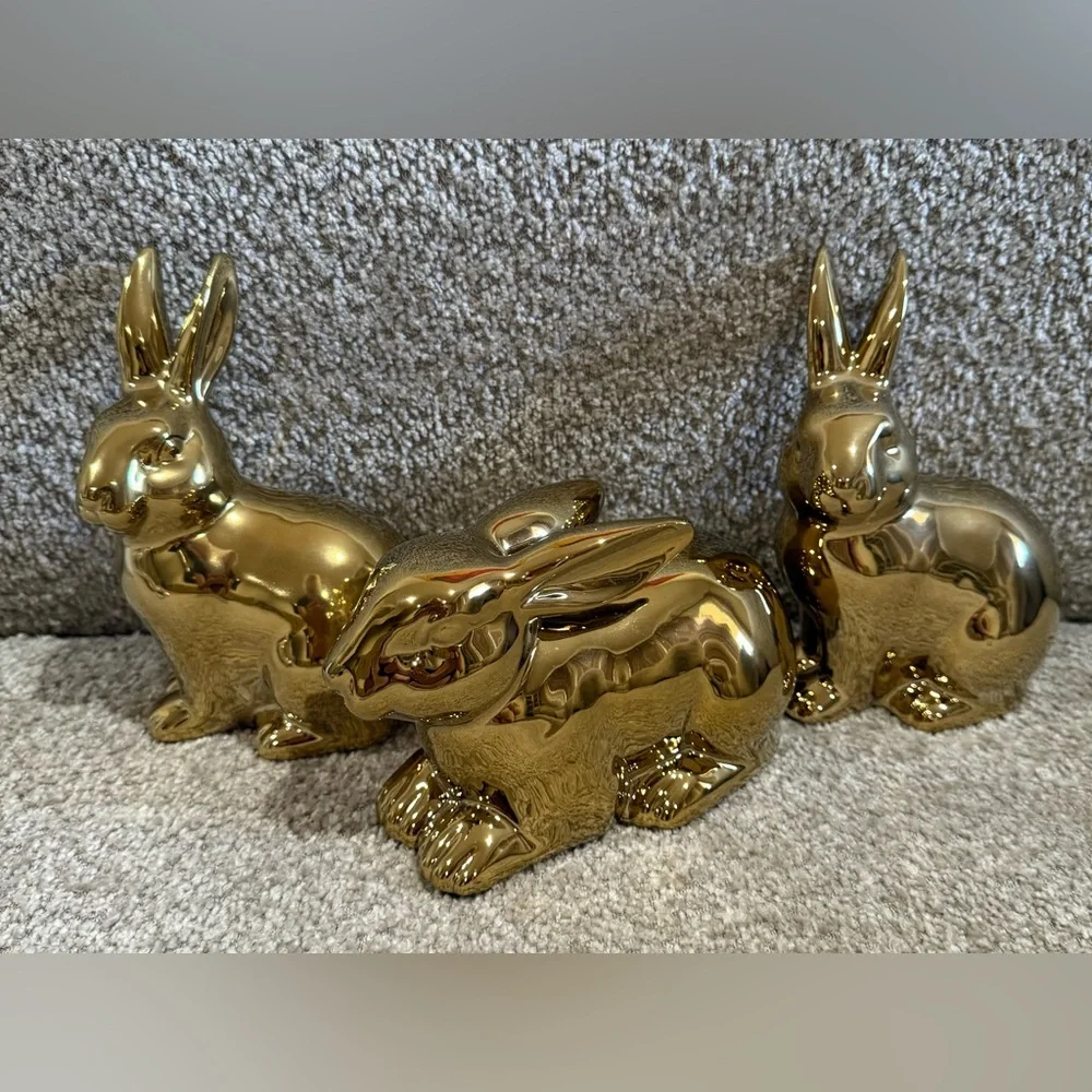 Easter Bunny Figurines Gold and White and Decorations Set